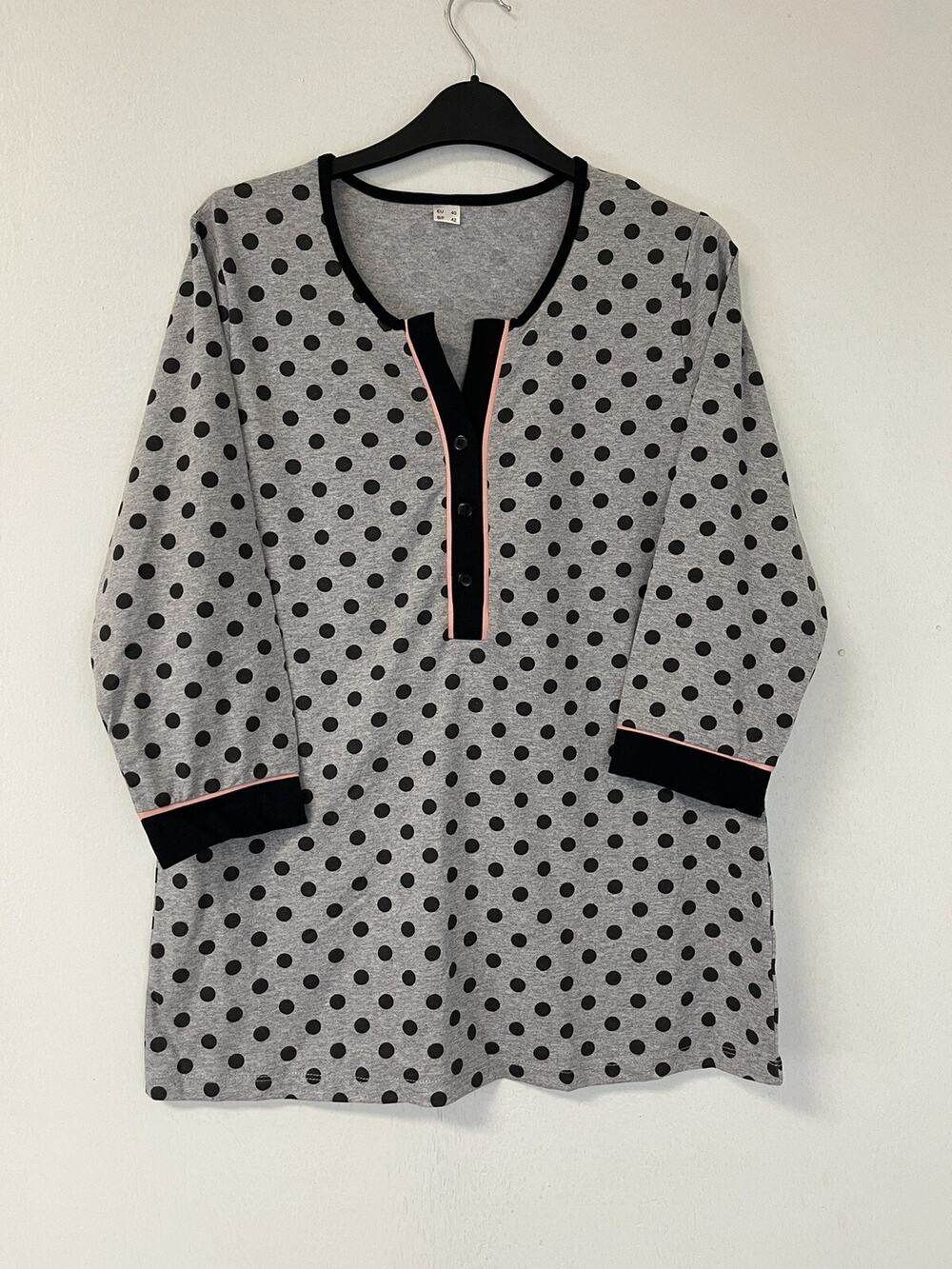 Harmony Pajama Shirt Womens 10 Gray Polka Dot Gray Lounge Top Long Sleeve N197
